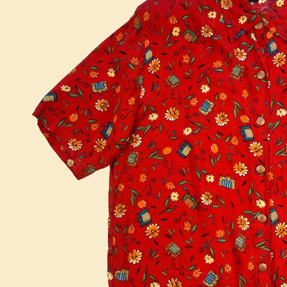 1980s red floral blouse by SK Wear, size S vintage 80s patterned blouse - Picture 2 of 9